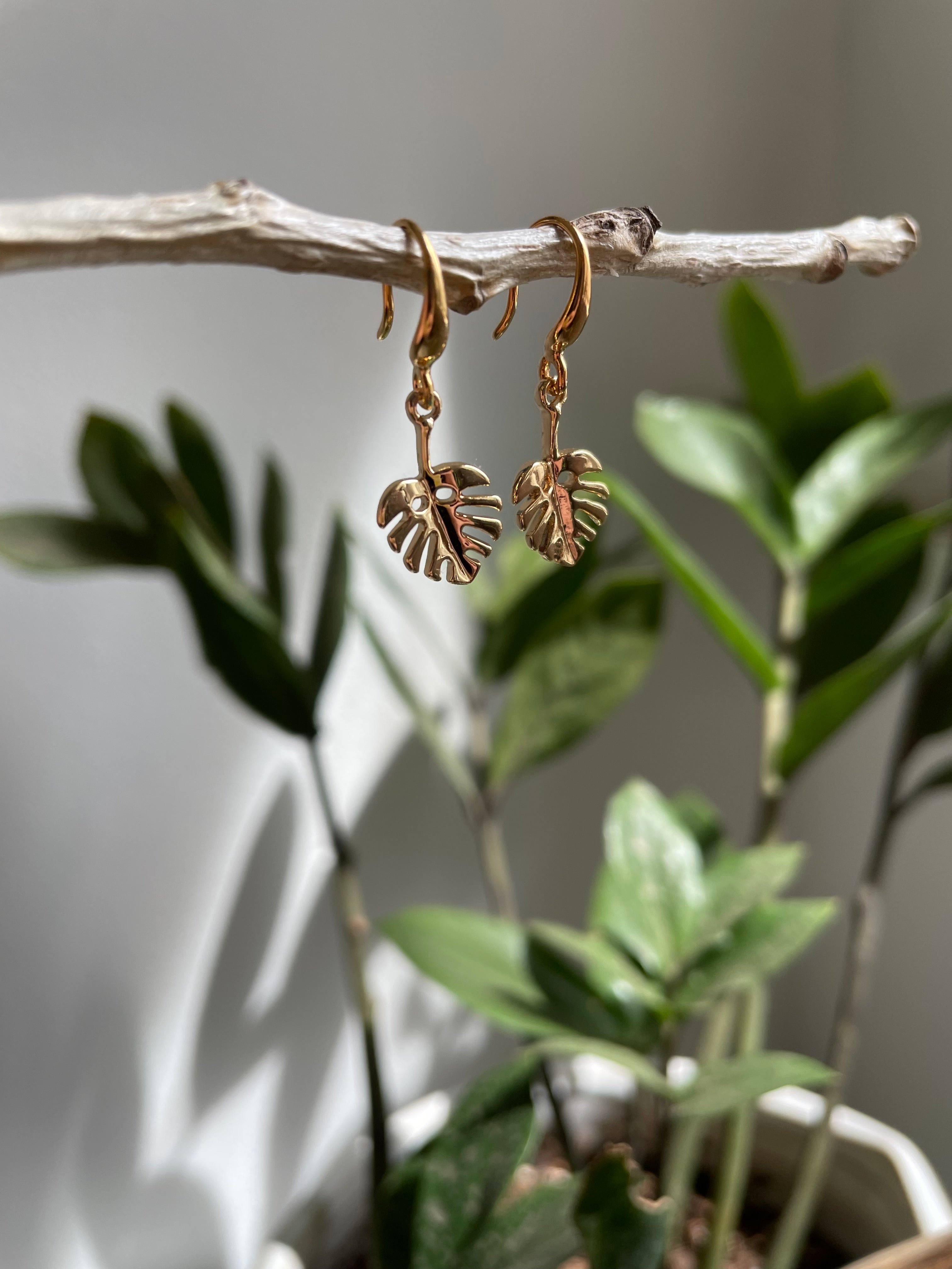 Gold Monstera Charm Earrings